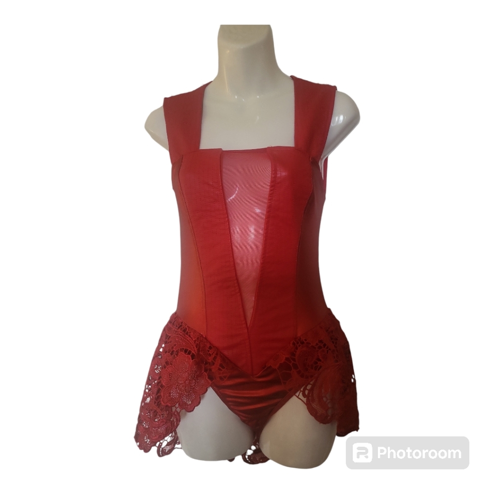 RED Faux Leather Bodysuit Costume - Size XS, 0